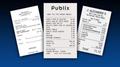 Three different store receipts from McDonald's, Publix, and J. Alexander's.