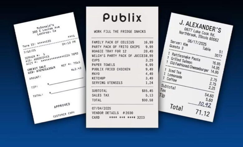 Three different store receipts from McDonald's, Publix, and J. Alexander's.