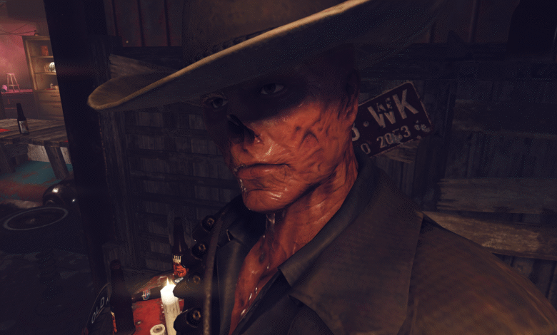 Close-up of a character with red, scarred skin and a cowboy hat.