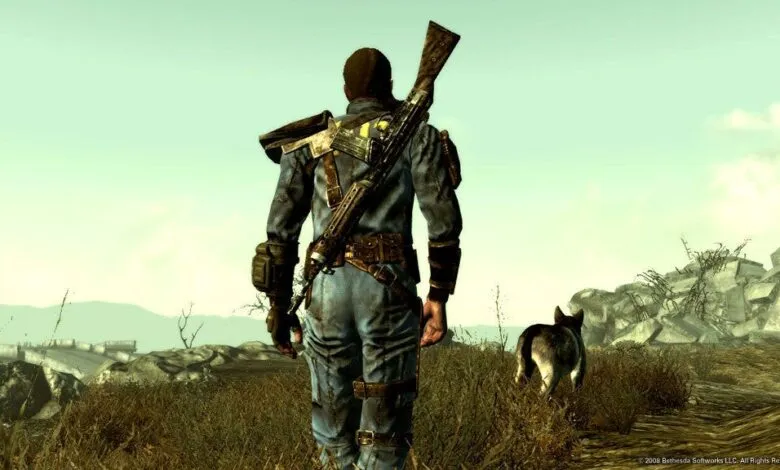 A lone survivor with a rifle slung over his shoulder walks through a desolate wasteland with his dog.