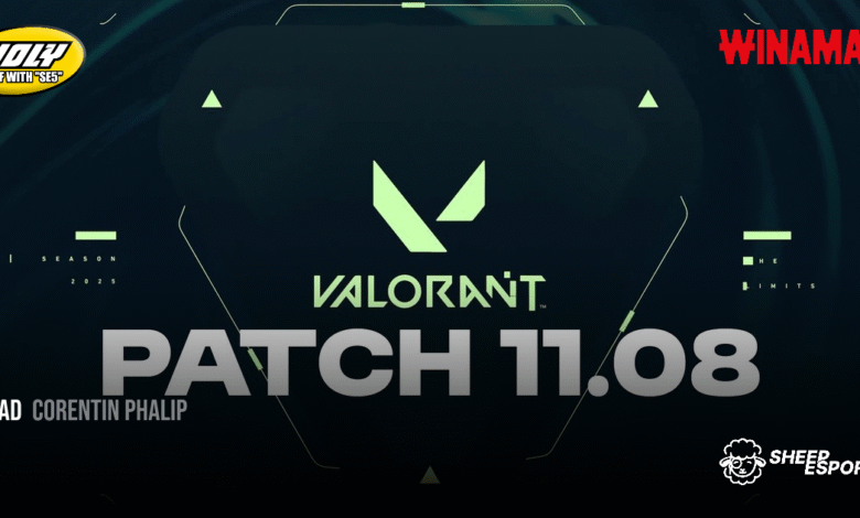 Valorant Patch 11.08 update graphic with game logo and sponsor logos.