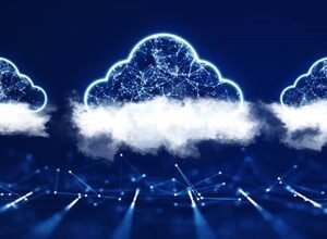 Abstract digital clouds connected by glowing lines on a dark blue background.