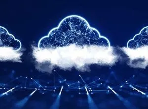 Abstract digital clouds connected by glowing lines on a dark blue background.