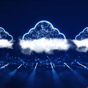 Abstract digital clouds connected by glowing lines on a dark blue background.