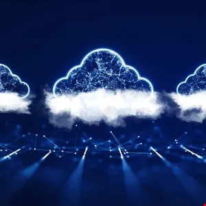Abstract digital clouds connected by glowing lines on a dark blue background.