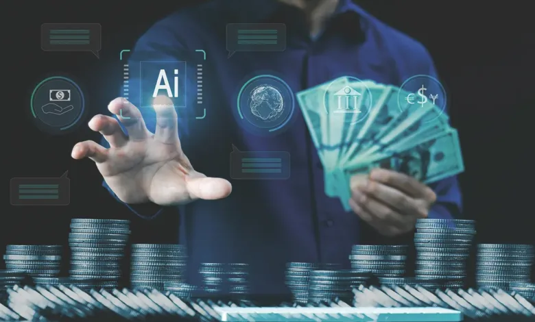 Man's hand reaching towards AI interface with stacks of coins and currency.