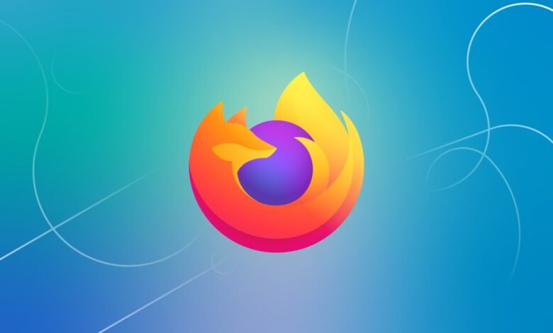 The Firefox logo, a stylized fox embracing a purple globe, set against a gradient blue background with subtle white lines.