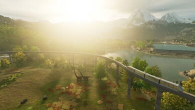 A monorail travels through a prehistoric landscape with dinosaurs and mountains.