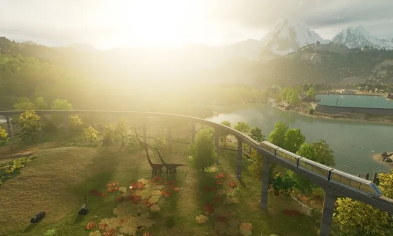 A monorail travels through a prehistoric landscape with dinosaurs and mountains.