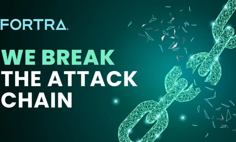 Fortra logo and text 'WE BREAK THE ATTACK CHAIN' with a broken digital chain graphic.