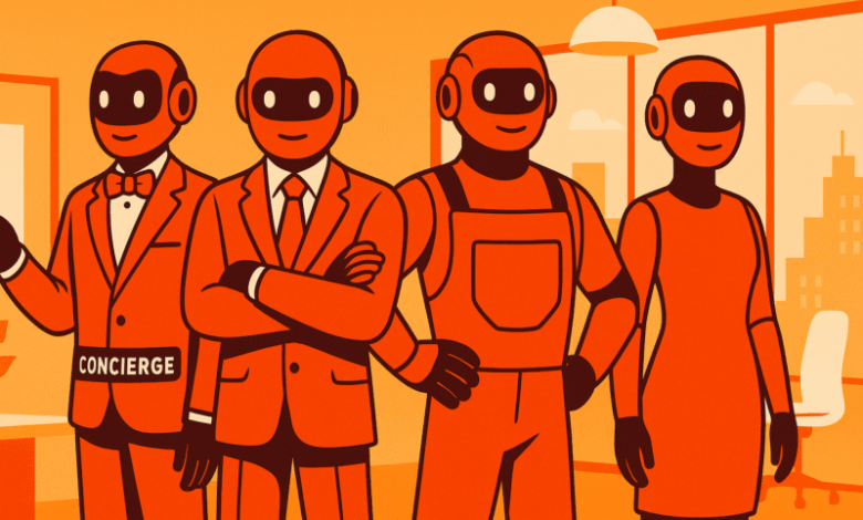 Four stylized robots in orange and dark brown, representing different roles, stand in an office setting.