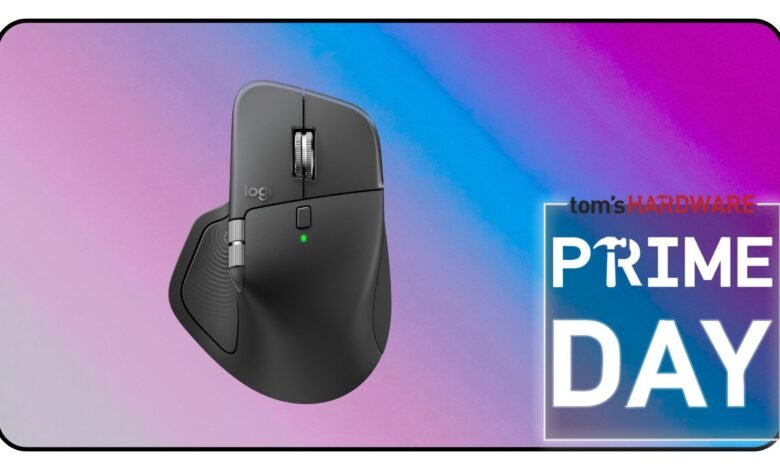 Dark gray Logitech MX Master 3S mouse with a green indicator light on a gradient background.