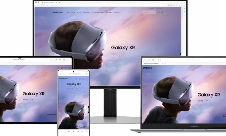 Samsung Galaxy XR headset displayed on multiple devices.