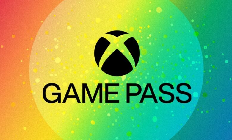 Xbox Game Pass logo and text on a colorful gradient background with speckles.
