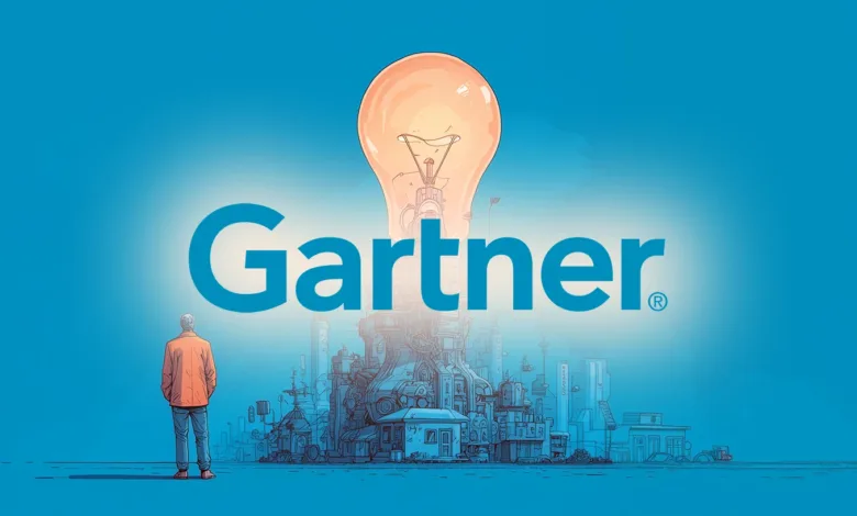 Man in orange jacket looking at Gartner logo and stylized city with lightbulb.