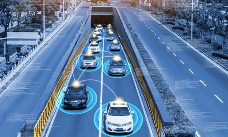 Autonomous vehicles communicating on a highway with digital overlays.