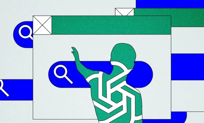 Abstract illustration of a person interacting with a search interface, featuring magnifying glass icons and browser elements.