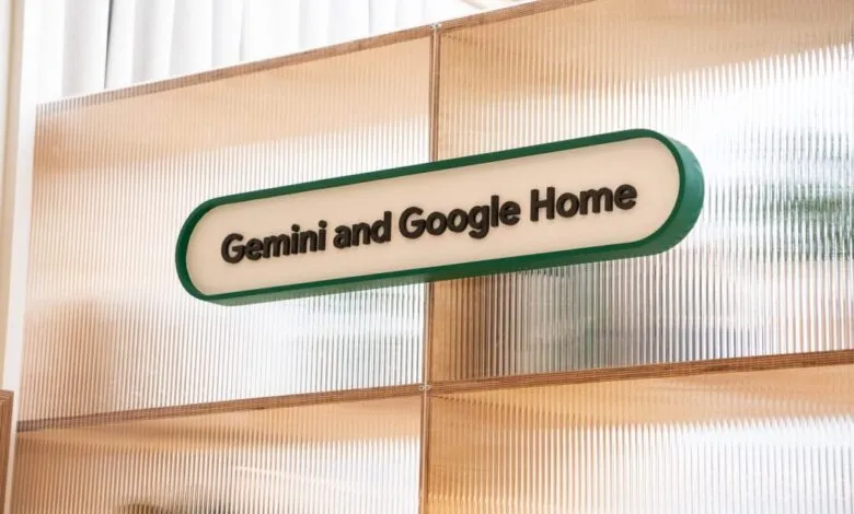 Signage for Gemini and Google Home products in a modern retail or office space.