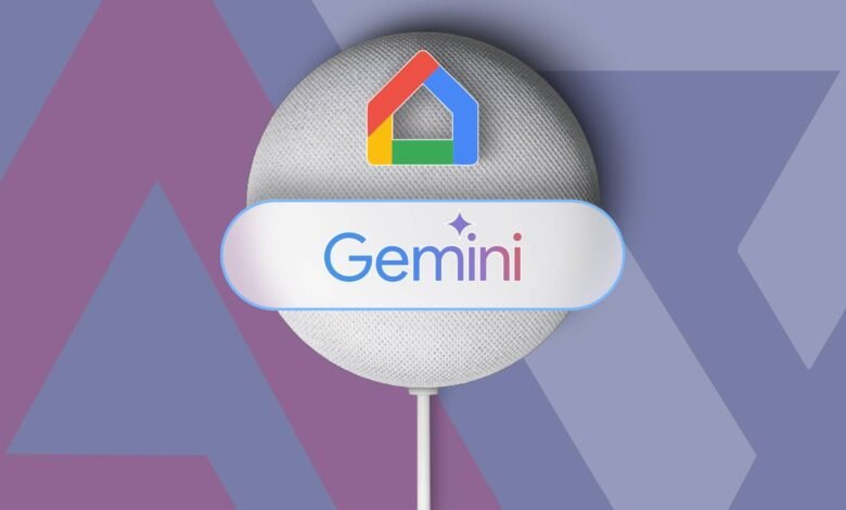 Google Nest Mini with Gemini logo and Google Home icon