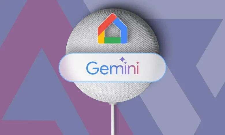 Google Nest Mini with Gemini logo and Google Home icon