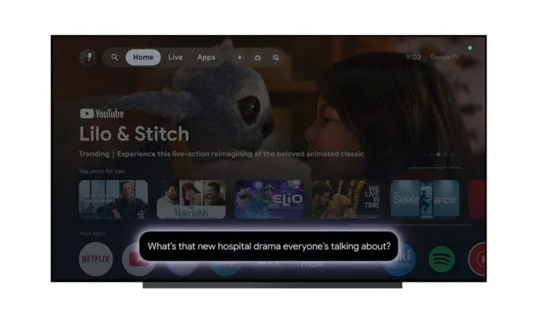 Google TV interface displaying 'Lilo & Stitch' and a voice search prompt.