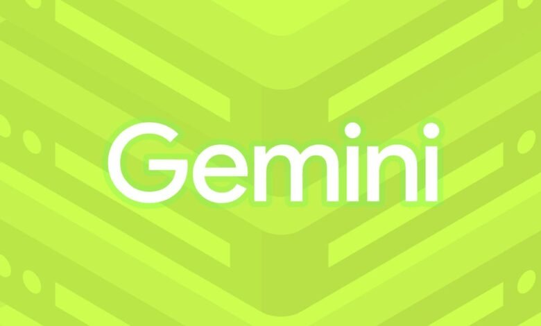 The word "Gemini" in white text with a light green outline on a lime green background with diagonal stripes and dots.