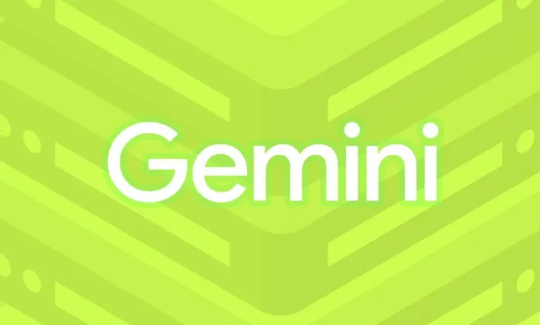 The word "Gemini" in white text with a light green outline on a lime green background with diagonal stripes and dots.