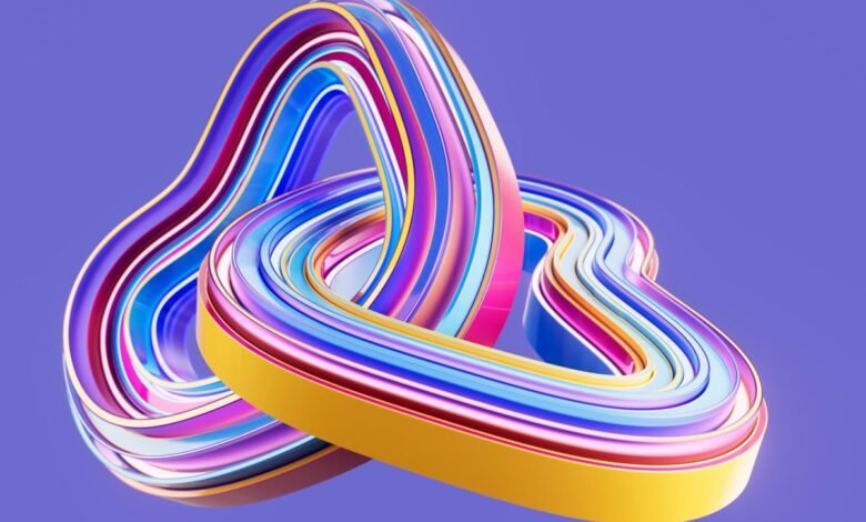 Abstract 3D render of intertwined colorful ribbons on a purple background.