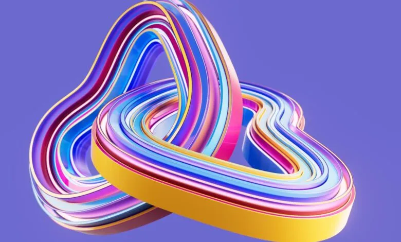 Abstract 3D render of intertwined colorful ribbons on a purple background.