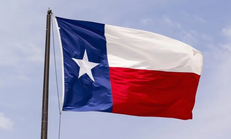 The Texas state flag waving proudly against a clear blue sky with scattered clouds.