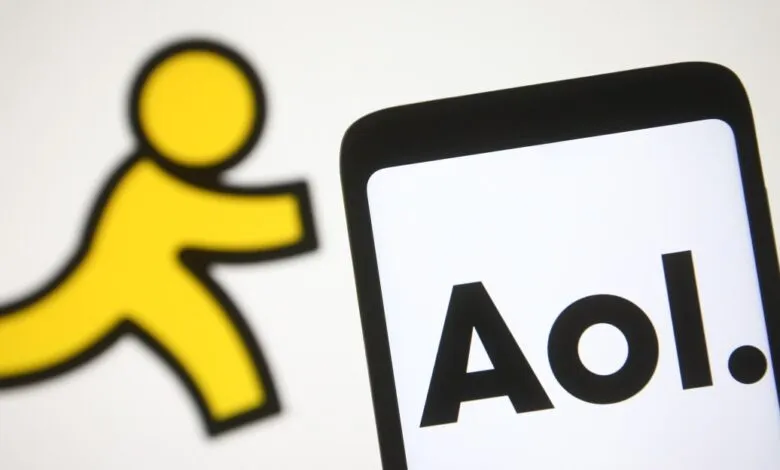 AOL logo on a smartphone screen next to the iconic yellow AIM running man icon.
