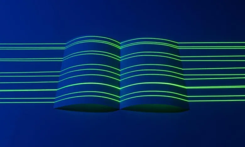 Abstract image of a book with glowing neon green lines on a dark blue background.