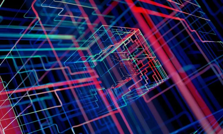 Abstract digital network with glowing blue and red lines forming a cube.