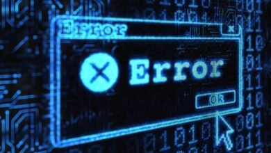 A digital error message box with a red 'X' icon and 'Error' text, set against a background of circuit board patterns and binary code.