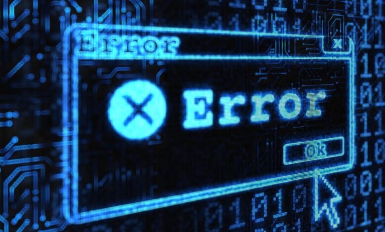 A digital error message box with a red 'X' icon and 'Error' text, set against a background of circuit board patterns and binary code.