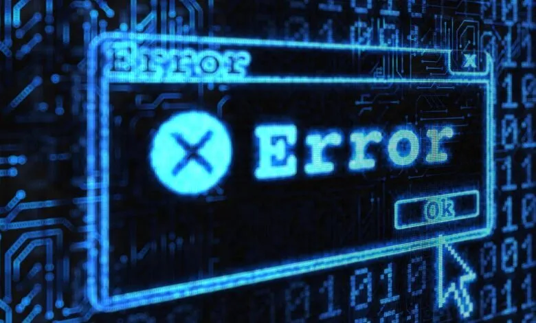 A digital error message box with a red 'X' icon and 'Error' text, set against a background of circuit board patterns and binary code.