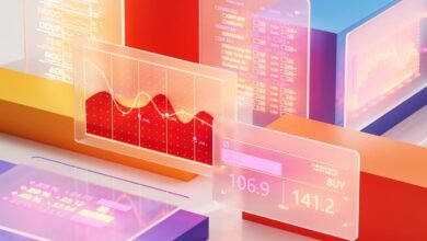 Digital financial trading interface with charts and stock tickers.