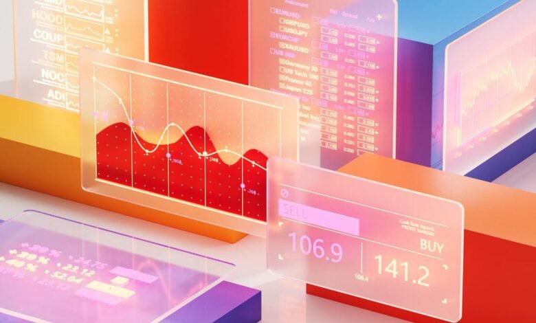 Digital financial trading interface with charts and stock tickers.