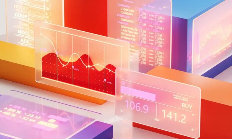 Digital financial trading interface with charts and stock tickers.