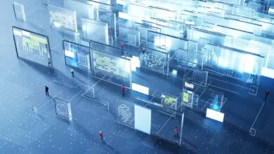 Abstract digital landscape with transparent screens displaying data, charts, and icons.