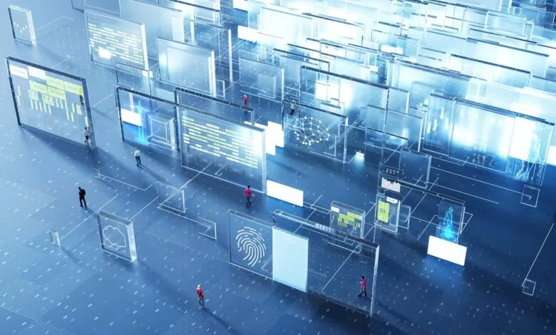 Abstract digital landscape with transparent screens displaying data, charts, and icons.