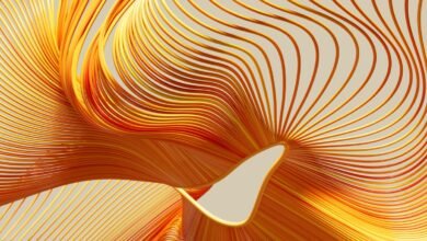 Abstract flowing lines in warm orange and yellow hues, creating a sense of movement and depth.