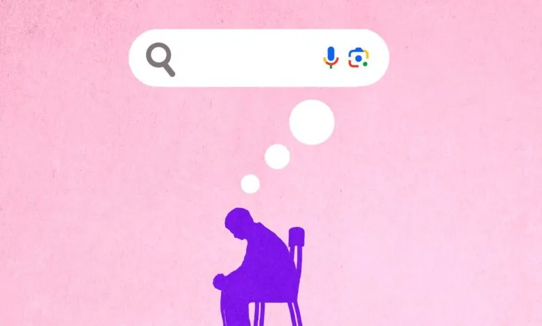 Silhouette of a person sitting and thinking under a search bar with thought bubbles.