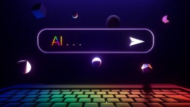 A search bar displaying 'AI...' with a play button, set against a dark, futuristic background with geometric shapes.