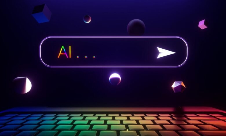 A search bar displaying 'AI...' with a play button, set against a dark, futuristic background with geometric shapes.