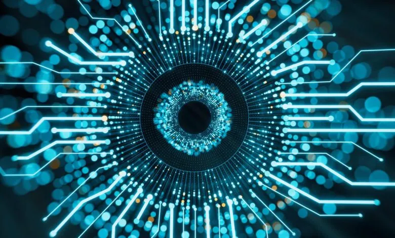 Abstract digital eye formed by glowing blue circuits and lights.