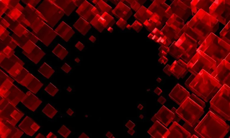 Abstract background of translucent red cubes against a black void.