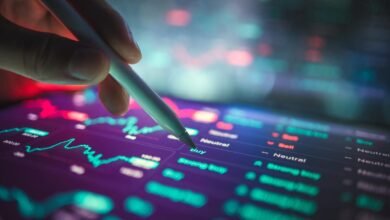 Close-up of a hand using a stylus on a tablet displaying stock market charts and buy/sell indicators.