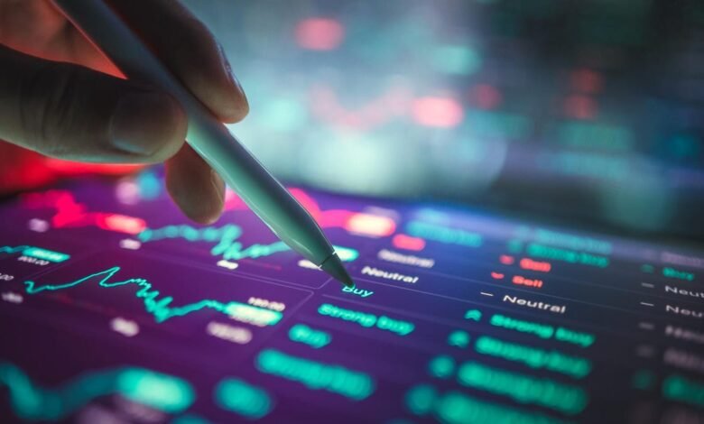 Close-up of a hand using a stylus on a tablet displaying stock market charts and buy/sell indicators.