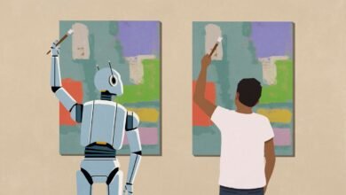 A robot and a person painting abstract art side-by-side.